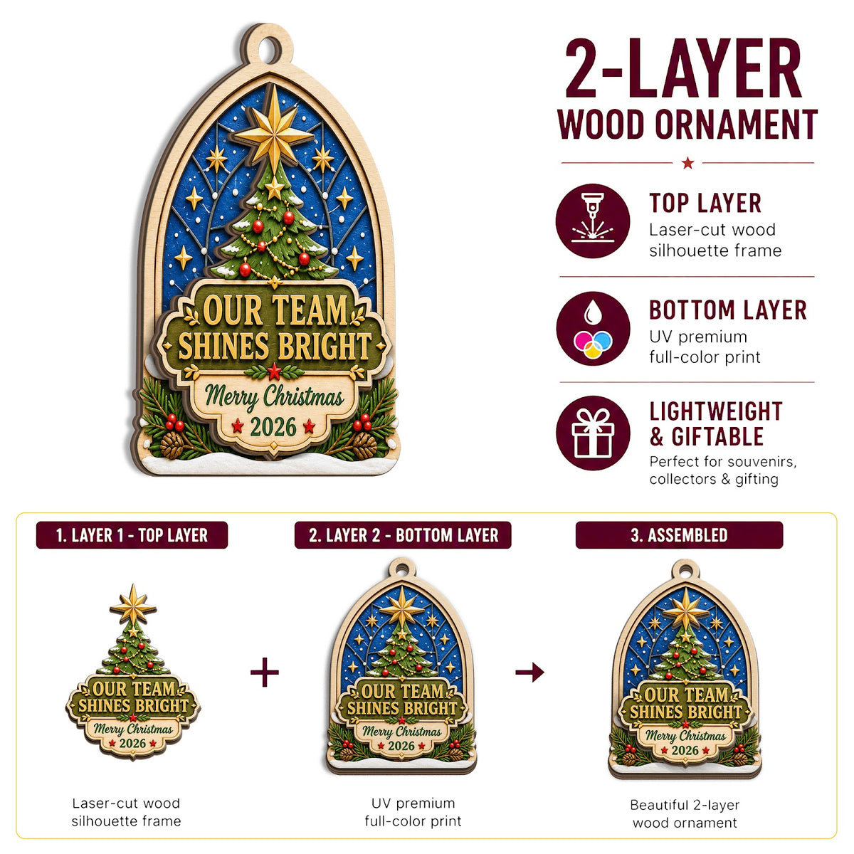 Team Bright Christmas Ornament, Coworker Holiday Gift, Wood Hanging Tree Decoration