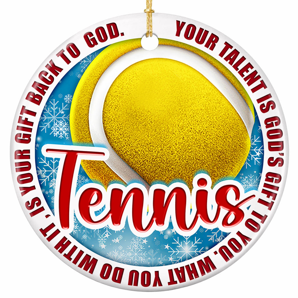 Your Talent Is God's Gift to You. Bright Tennis Ball on Icy Blue, Ceramic Keepsake for Christian Players.