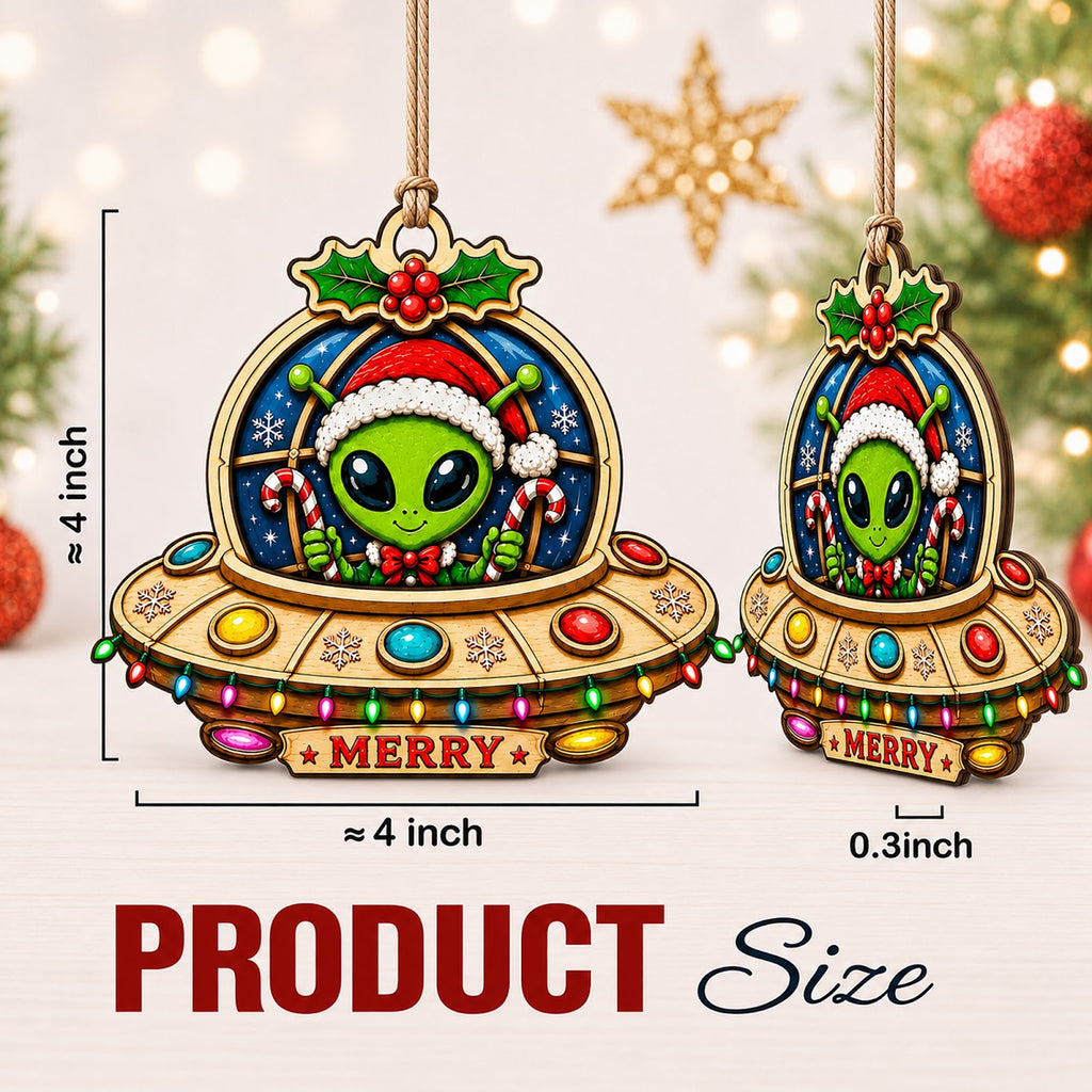 UFO Alien Abduction Space Funny Christmas Ornament, Space Alien Keepsake, Wood Tree Decoration