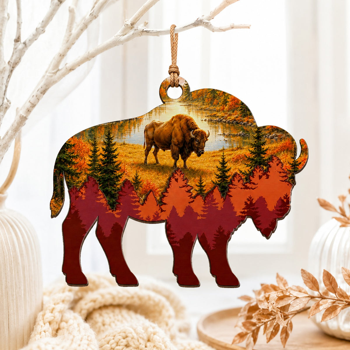 Buffalo Christmas Ornament, Stocking Stuffer For Wildlife Fan, Wood Hanging Tree Decoration