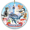 Breaching Whale, Rocky Lighthouse, Lobster and a Grey Tabby in Watercolor. Ceramic Keepsake for New England.