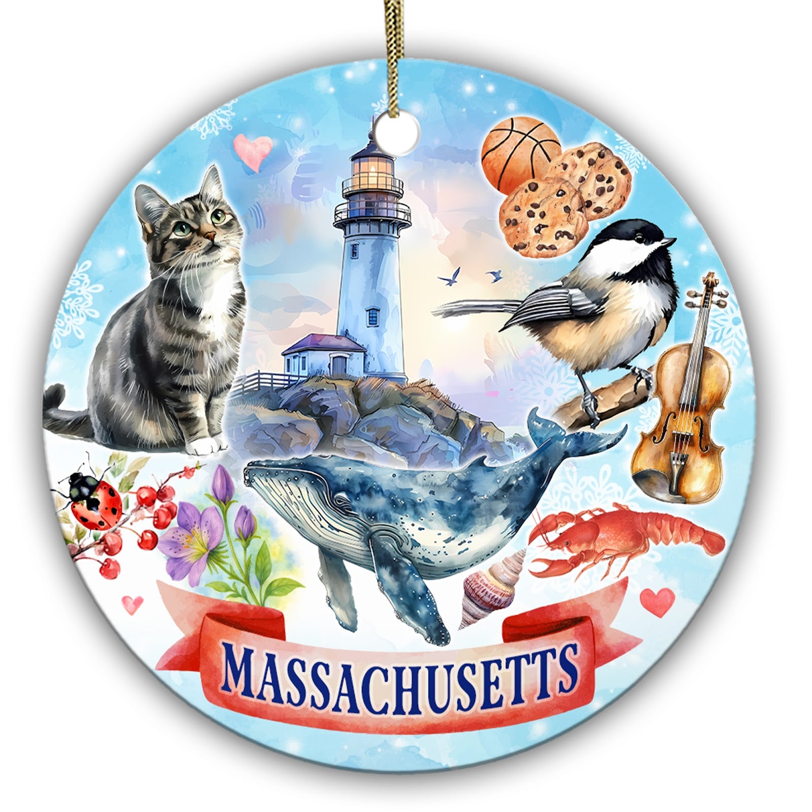 Breaching Whale, Rocky Lighthouse, Lobster and a Grey Tabby in Watercolor. Ceramic Keepsake for New England.