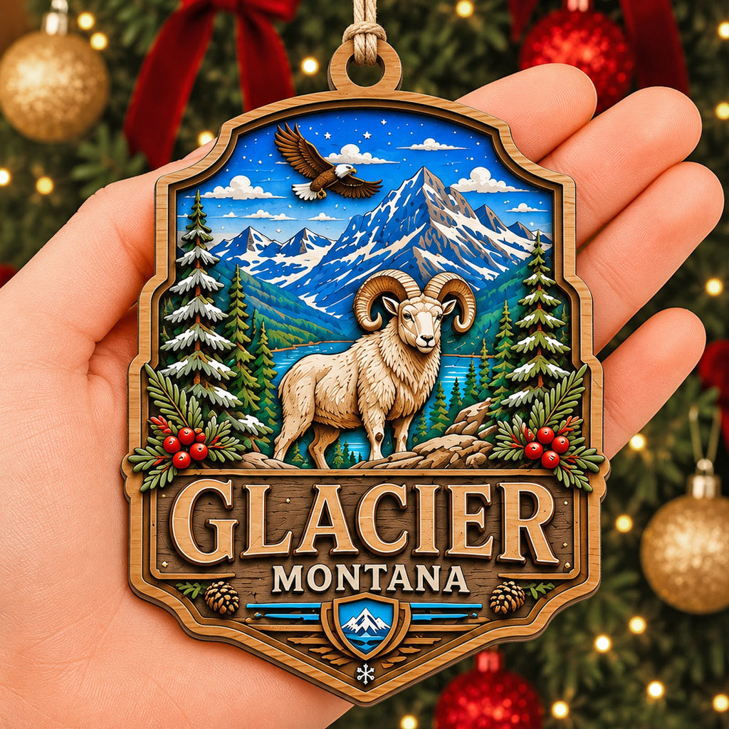 Glacier National Park Christmas Ornament, Montana Alpine Hiker Souvenir Gift, Wood Ornament