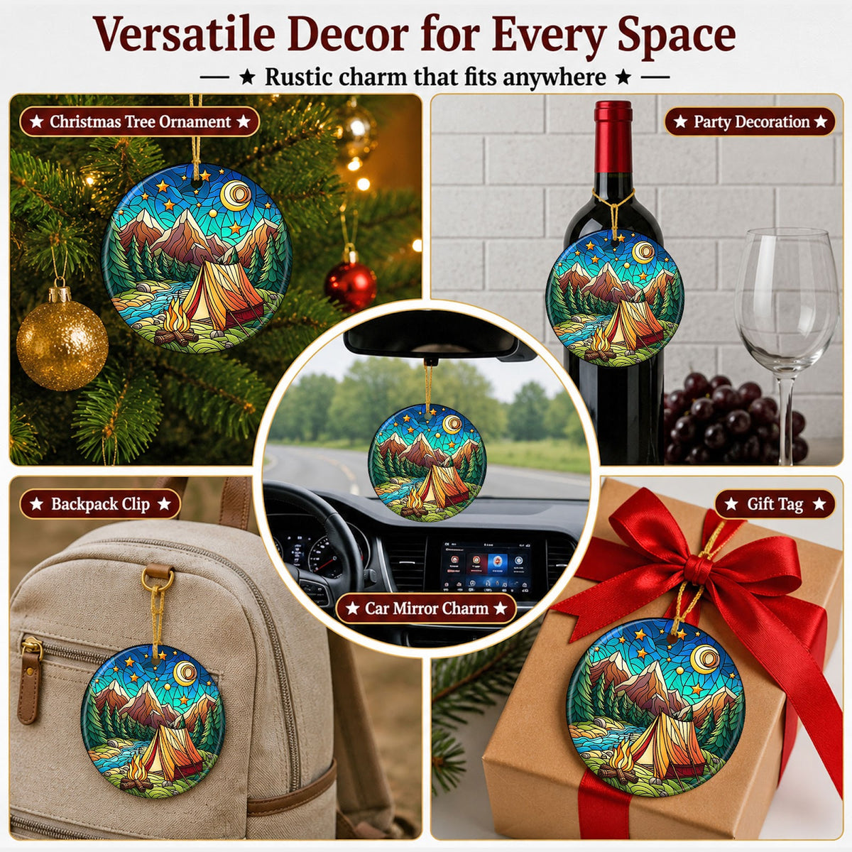 Camping Christmas Ornament, Stained Glass Tent Fire Gift, Ceramic Hanging Tree Decoration