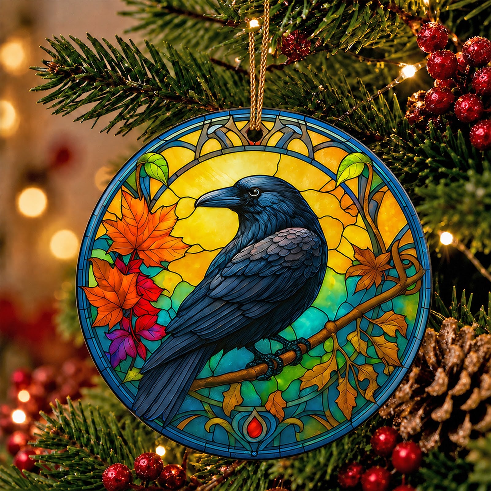 Raven Christmas Ornament, Stained Glass Gothic Crow Gift, Ceramic Hanging Tree Decoration