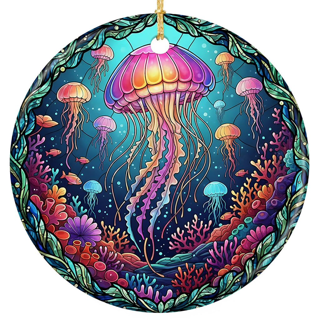 Glowing Magenta Jellyfish Drifting Over Coral and Kelp. Ceramic Suncatcher Keepsake for Ocean and Reef Lovers.