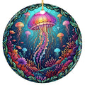 Glowing Magenta Jellyfish Drifting Over Coral and Kelp. Ceramic Suncatcher Keepsake for Ocean and Reef Lovers.
