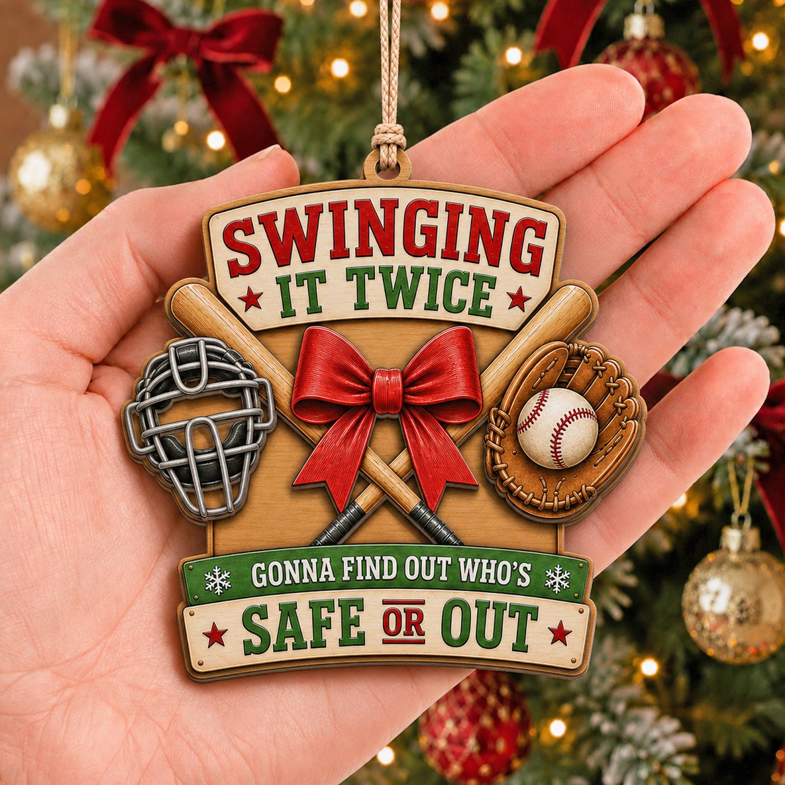 Baseball Crossed Bats Wood Christmas Ornament