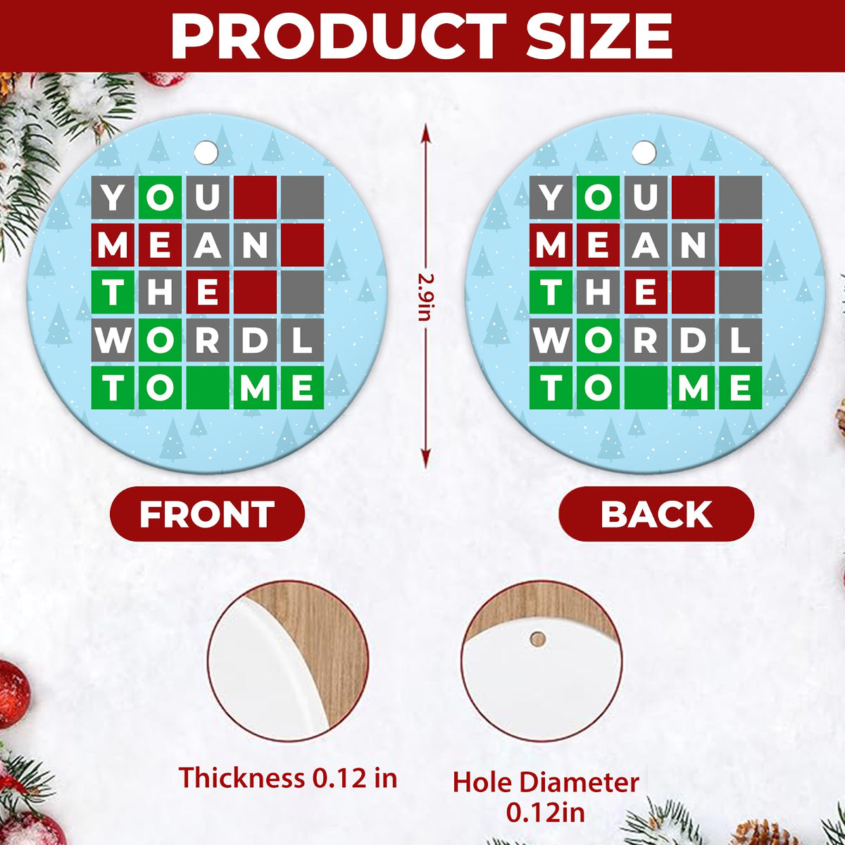 Word Game Christmas Ornament, You Mean The World To Me, Ceramic Hanging Tree Decoration