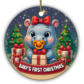 Baby's First Christmas. Baby Hippo With a Red Bow and a Wrapped Gift, Ceramic Keepsake for a New Arrival.