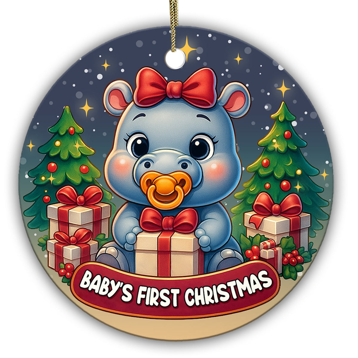 Baby's First Christmas. Baby Hippo With a Red Bow and a Wrapped Gift, Ceramic Keepsake for a New Arrival.