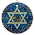 Gold Menorah Set Inside a Star of David on Midnight Blue. Ceramic Keepsake for Hanukkah and Judaica Decor.