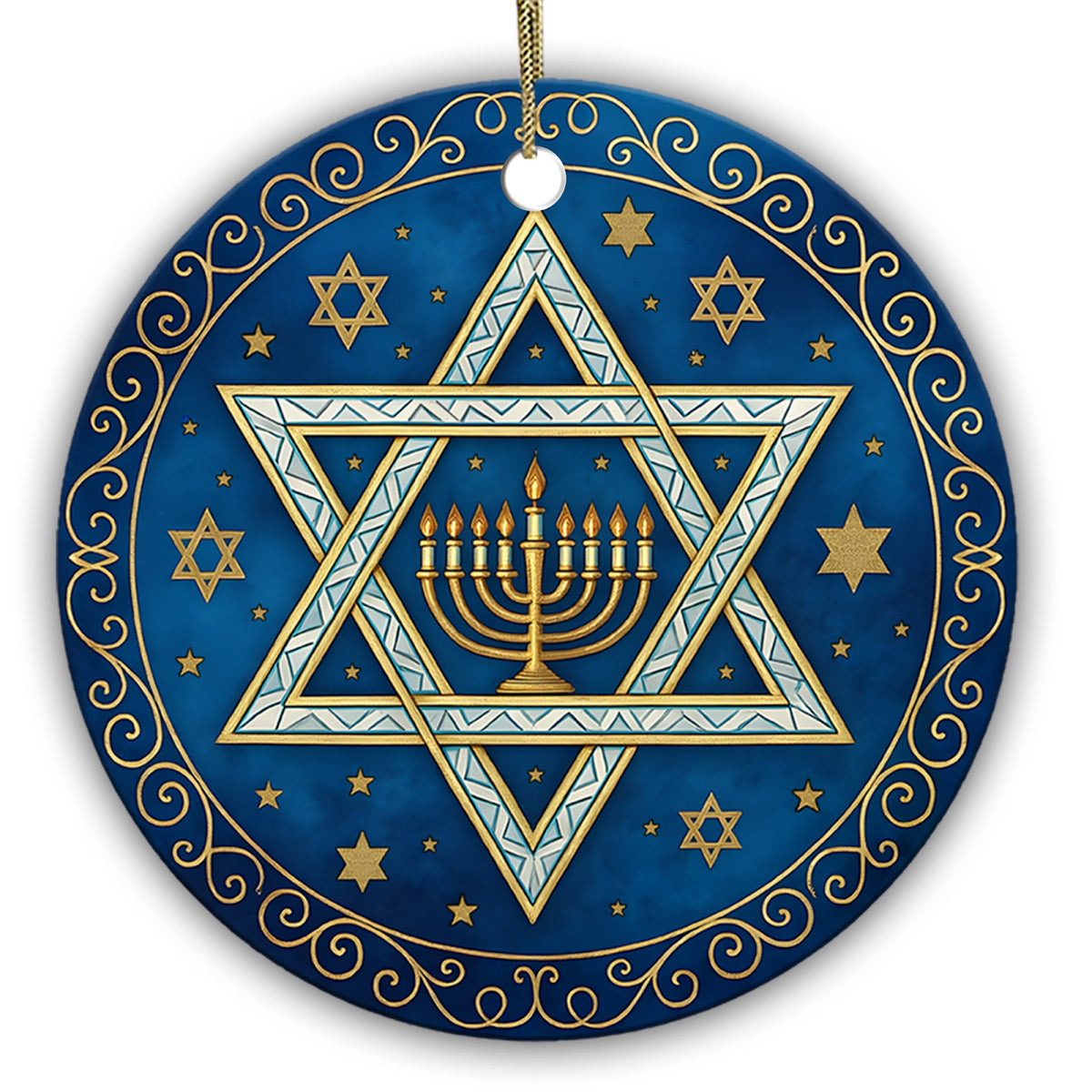 Gold Menorah Set Inside a Star of David on Midnight Blue. Ceramic Keepsake for Hanukkah and Judaica Decor.