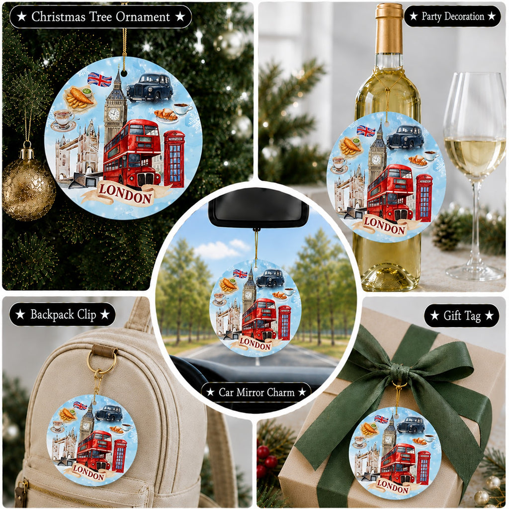 London Christmas Ornament, Double Decker Bus Souvenir Gift, Ceramic Hanging Tree Decoration