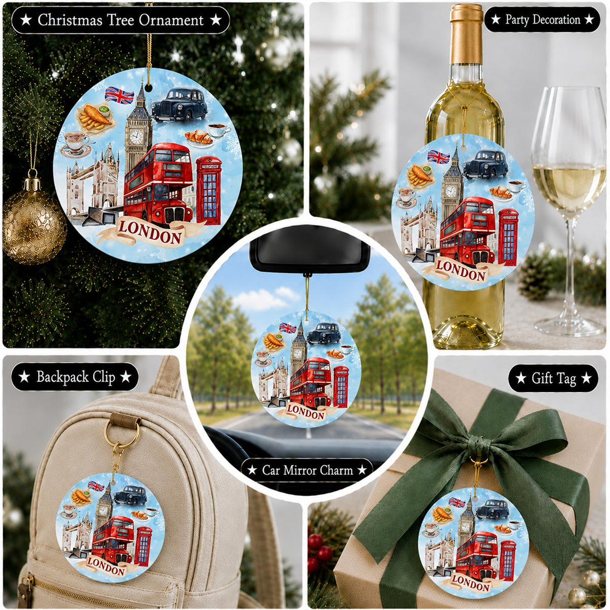 London Christmas Ornament, Double Decker Bus Souvenir Gift, Ceramic Hanging Tree Decoration