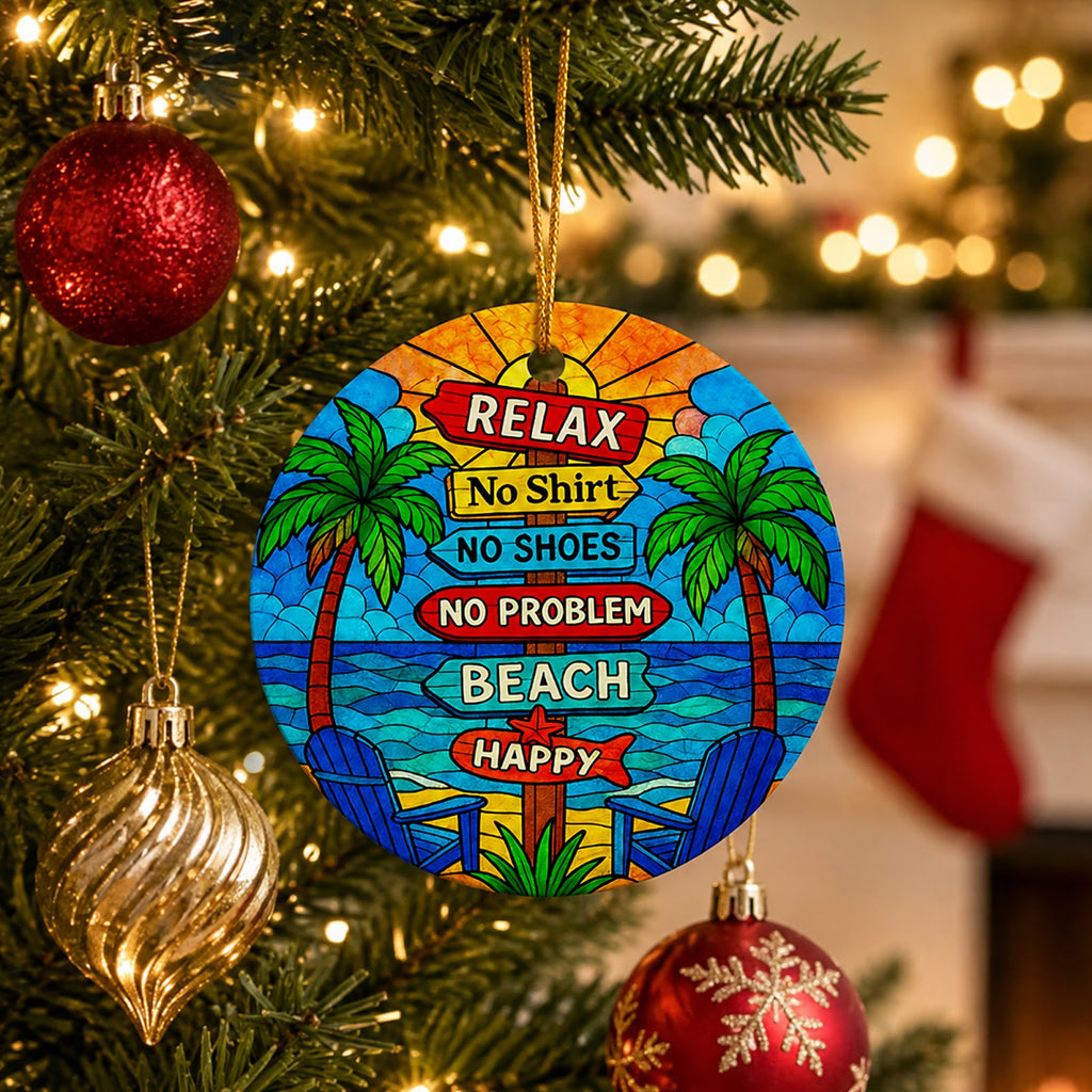 Beach Christmas Ornament, Palm Tree Signpost Coastal Gift, Ceramic Hanging Tree Decoration
