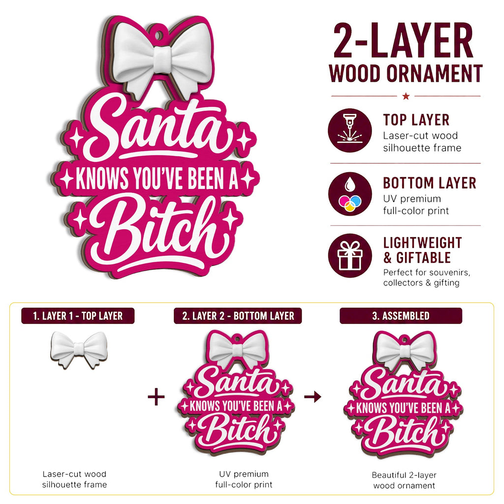 Santa Knows Naughty Nice Funny Christmas Ornament, Naughty-Nice Motto Keepsake, Wood Ornament