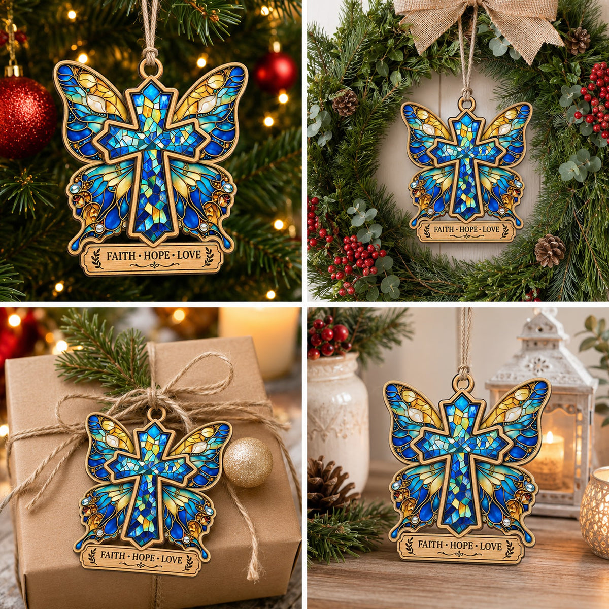 Butterfly Faith Christmas Ornament, Inspirational Christian Gift, Wood Hanging Tree Decoration