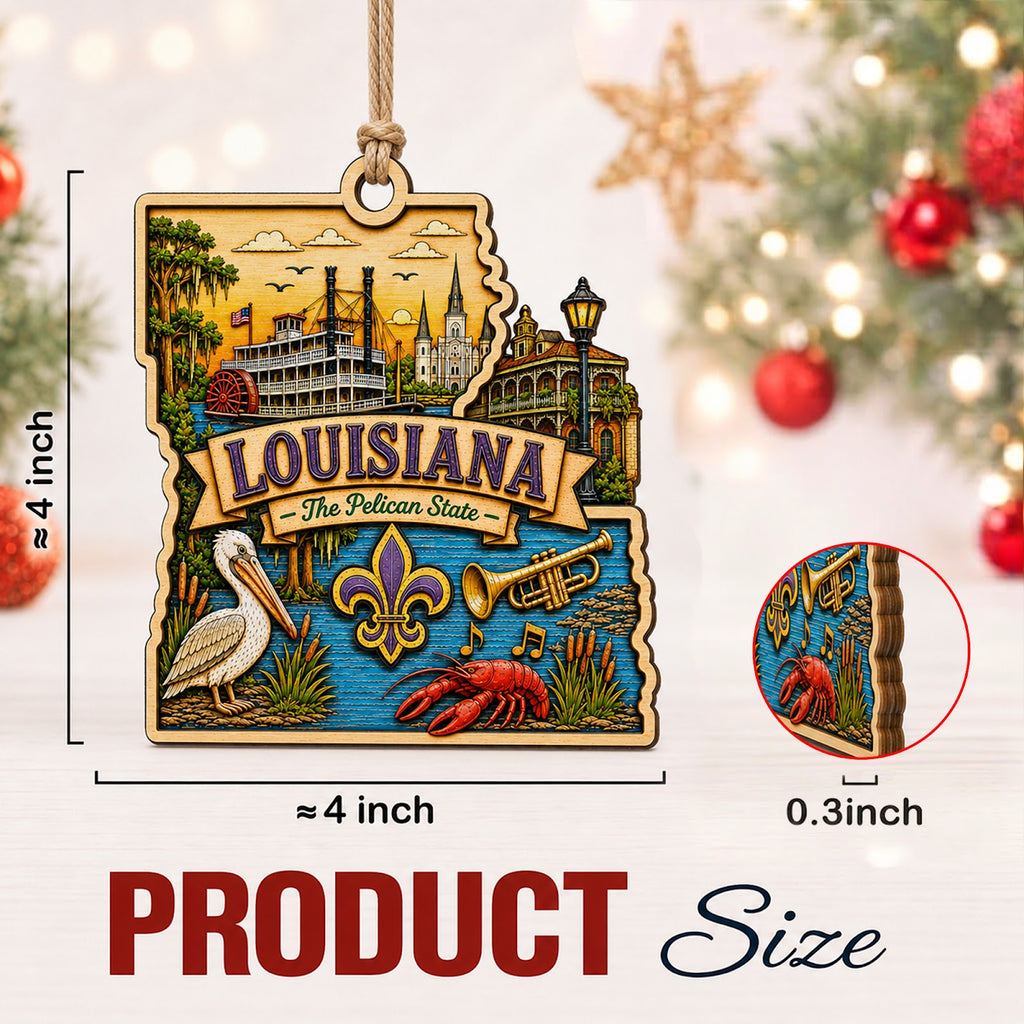Louisiana Christmas Ornament, Jazz Bayou and Cajun Souvenir Gift, Wood Hanging Tree Decoration