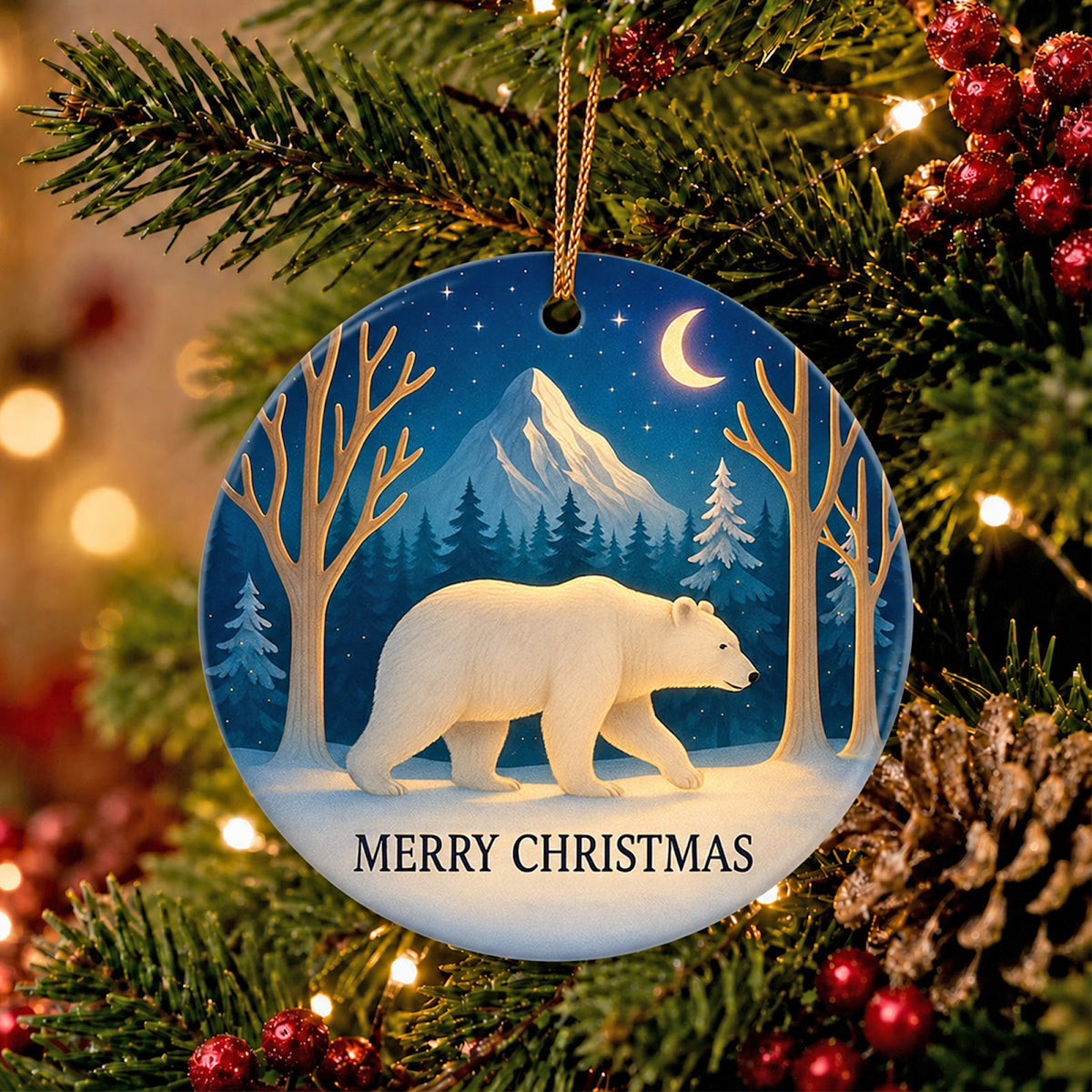 Polar Bear Christmas Ornament, Moonlit Snowy Night Gift, Ceramic Hanging Tree Decoration