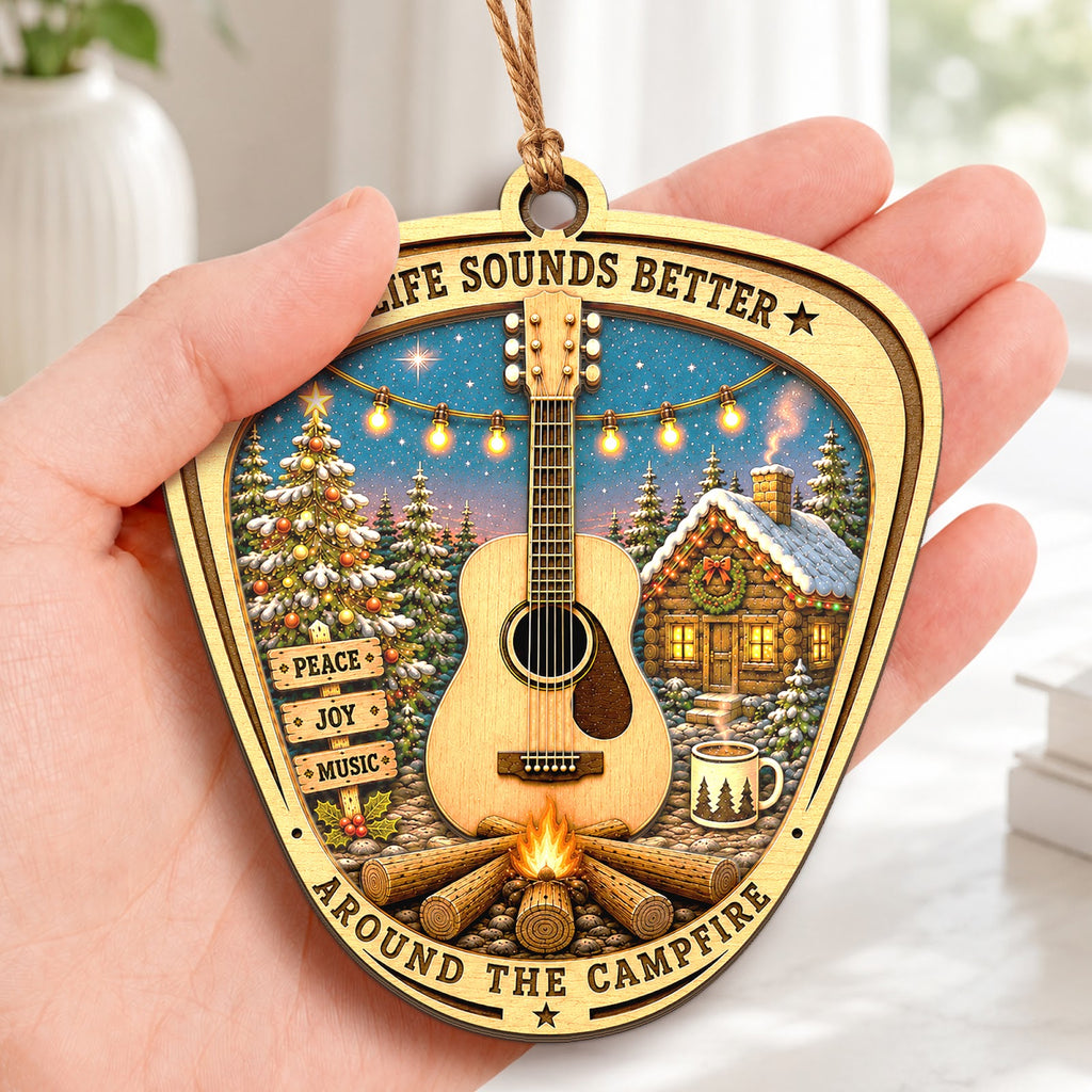 Guitar Campfire Music Outdoor Christmas Ornament, Stocking Stuffer For Guitarist, Wood Ornament