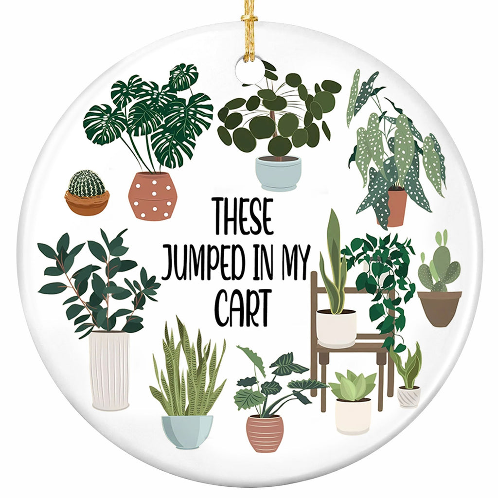 A Full Ring of Potted Houseplants Around a Hand-Lettered Punchline. Ceramic Keepsake for Plant Collectors.