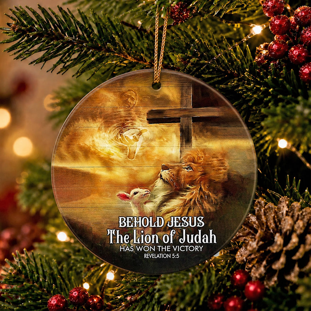 Religious Christmas Ornament, Lion And Lamb Cross Gift, Ceramic Hanging Tree Decoration