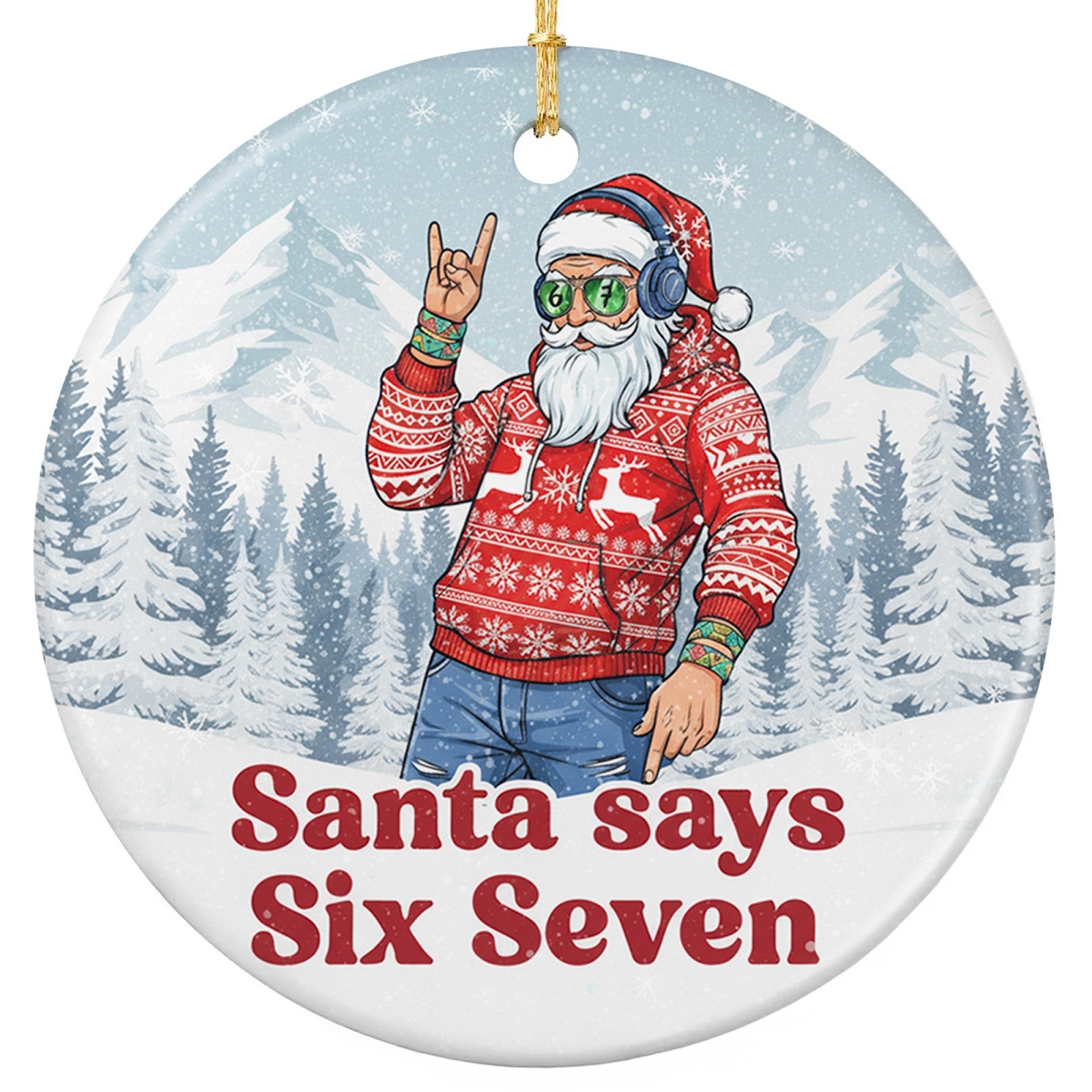 Hipster Santa in Shades Throwing the Horns. Ceramic Gag Keepsake for Tweens, Teens and Meme-Loving Families.