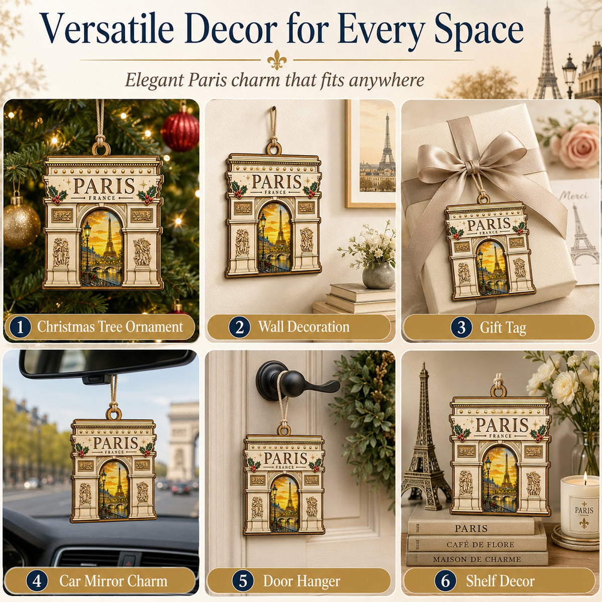 Arc de Triomphe Christmas Ornament, Paris France Travel Souvenir Gift, Wood Tree Decoration