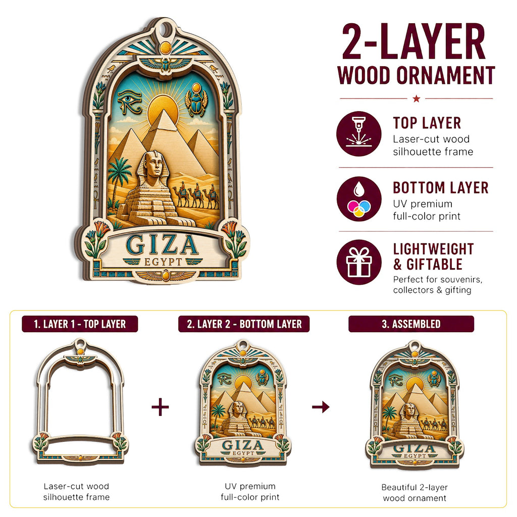 Egypt Christmas Ornament, Giza Pyramid and Sphinx Souvenir Gift, Wood Hanging Tree Decoration