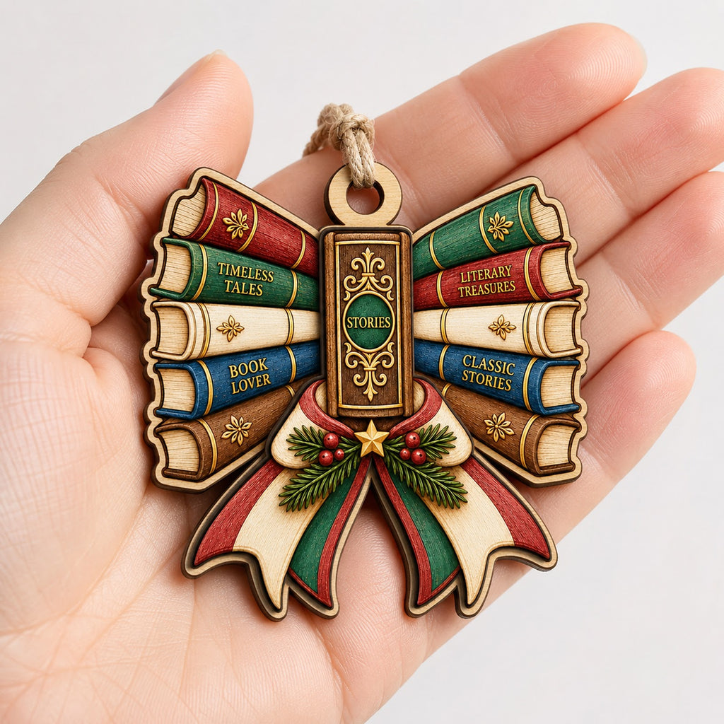 Book Bow Reader Holiday Library Christmas Ornament, Librarian Keepsake, Wood Tree Decoration