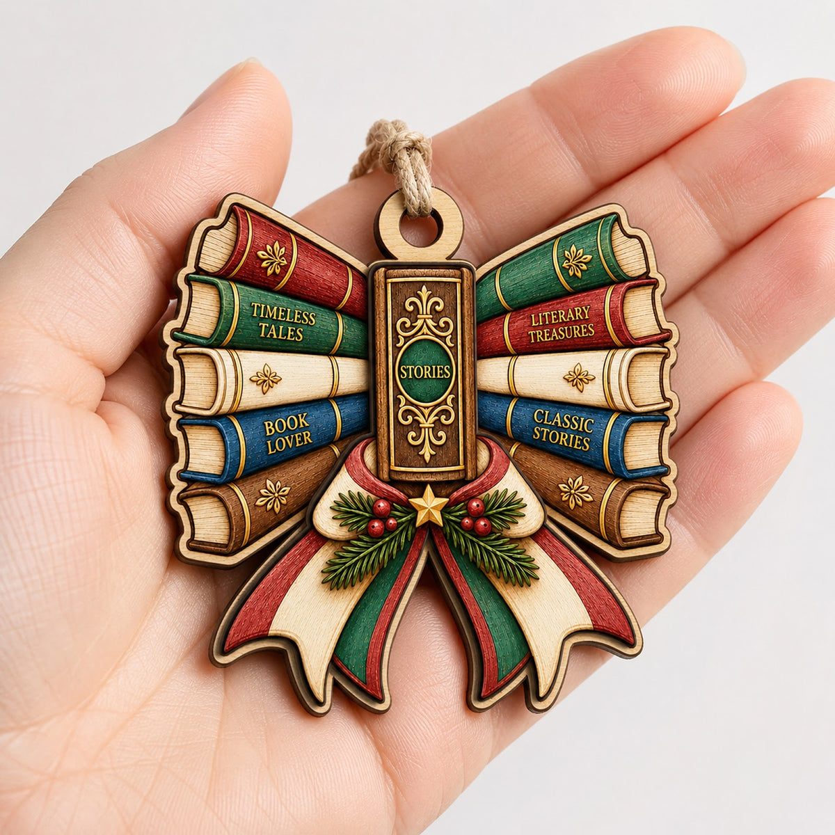 Book Bow Reader Holiday Library Christmas Ornament, Librarian Keepsake, Wood Tree Decoration