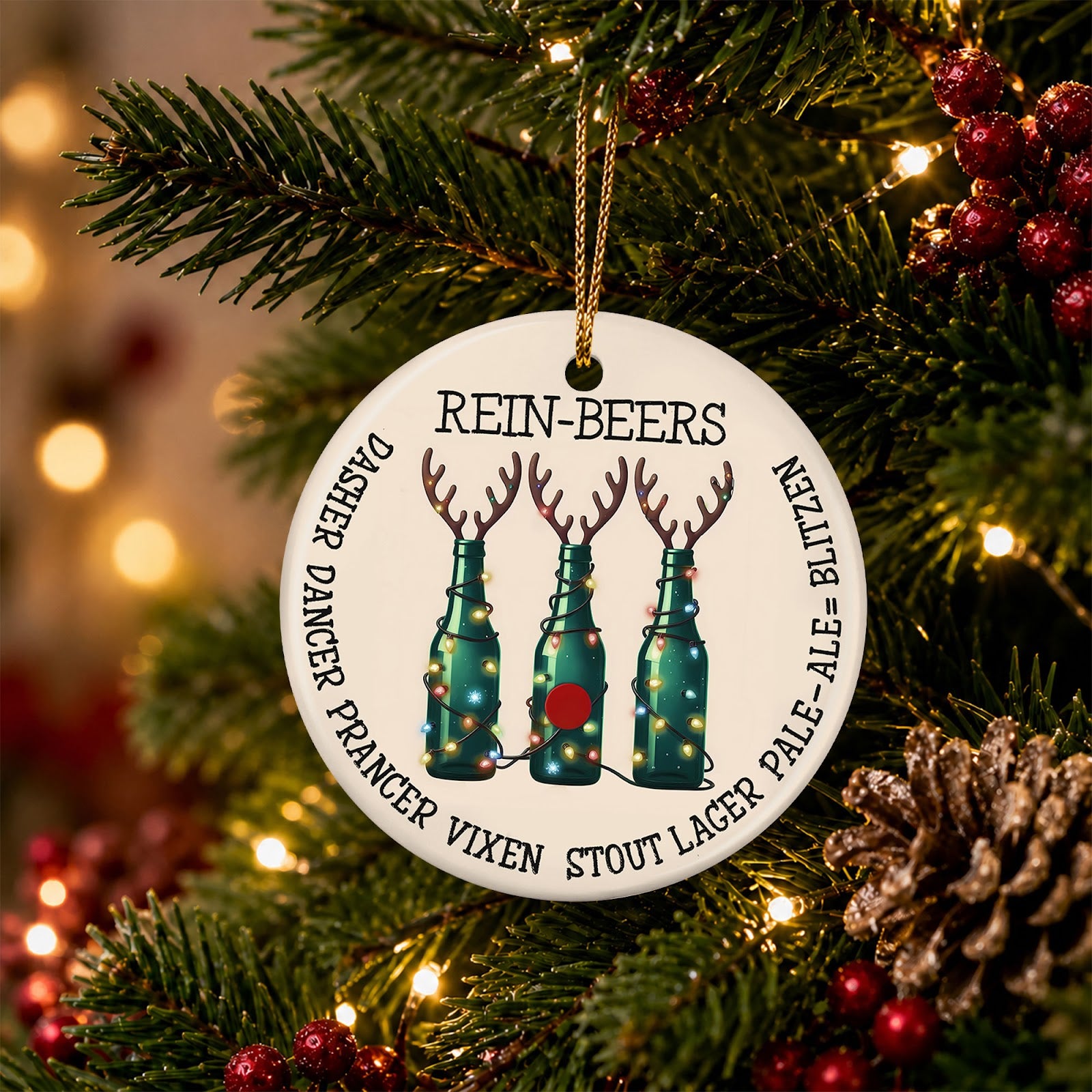 Beer Christmas Ornament, Funny Antler Bottles Gag Gift, Ceramic Hanging Tree Decoration