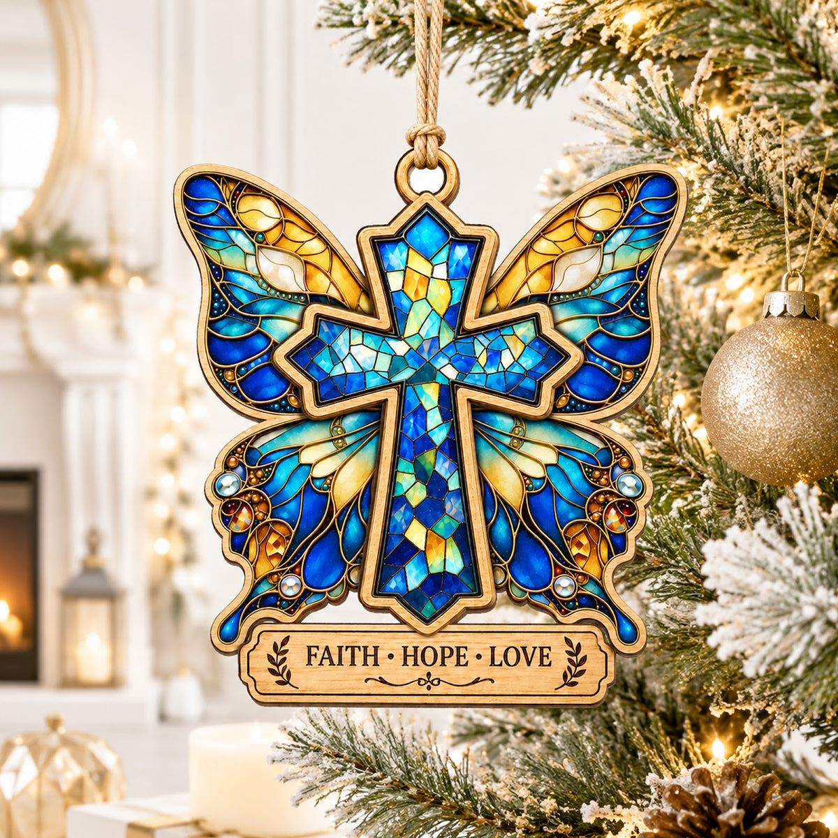 Butterfly Faith Christmas Ornament, Inspirational Christian Gift, Wood Hanging Tree Decoration