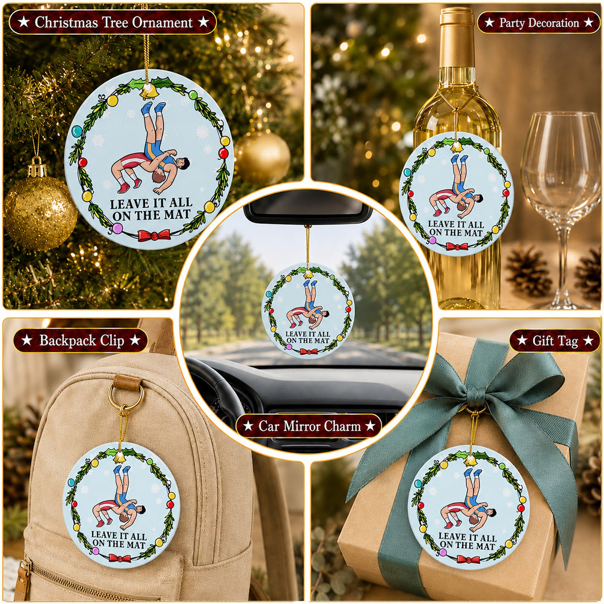 Wrestling Christmas Ornament, Leave It All On The Mat, Ceramic Hanging Tree Decoration