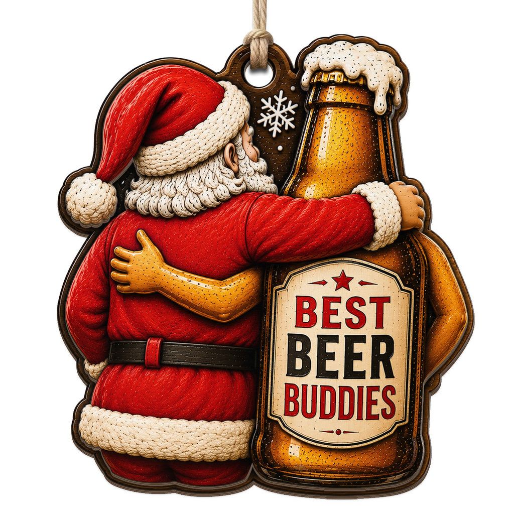 Santa Hugs A Frothy Beer Bottle Labeled Best Beer Buddies. Fun Gift For Beer Drinking Friends.