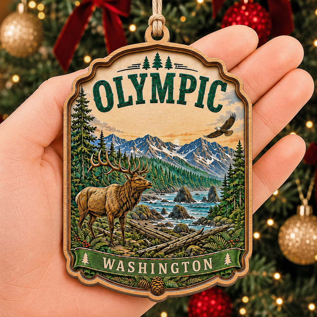 Olympic National Park Christmas Ornament, Washington Coast Hiker Gift, Wood Tree Decoration