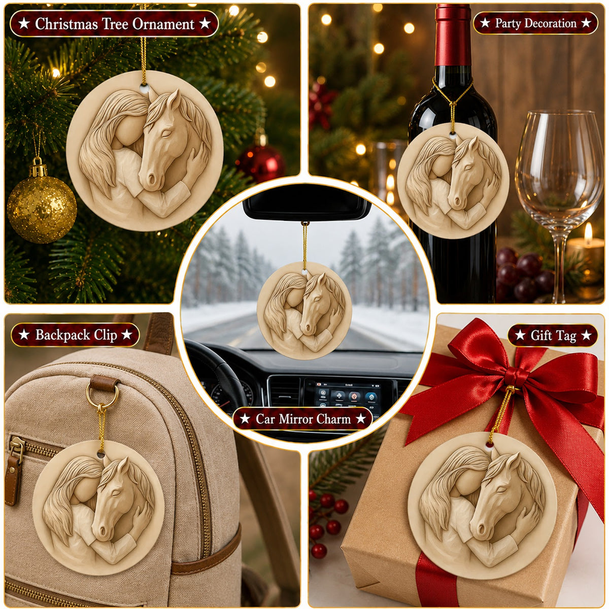 Horse Christmas Ornament, Girl And Horse Sculpted Gift, Ceramic Hanging Tree Decoration