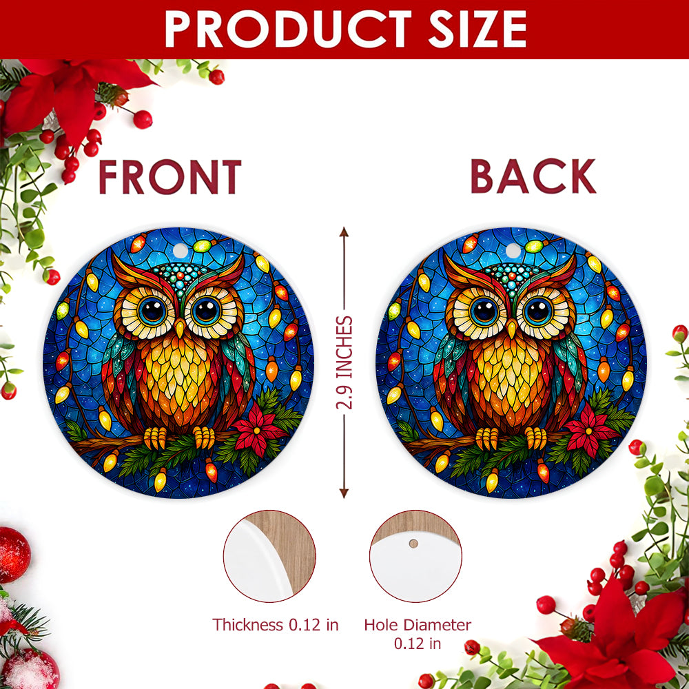 Owl Christmas Ornament, Stained Glass Festive Bird Gift, Ceramic Hanging Tree Decoration