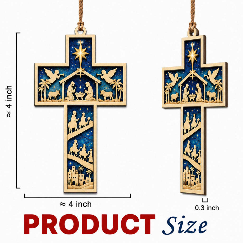 Nativity Cross Christmas Ornament, Religious Holiday Gift, Wood Hanging Tree Decoration