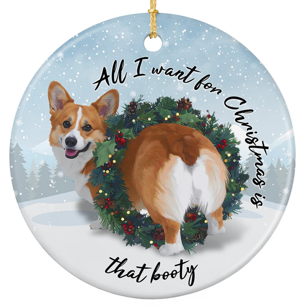 Corgi With Its Head Turned and Round Rear Forward Inside a Berry Trimmed Wreath. Ceramic Keepsake.