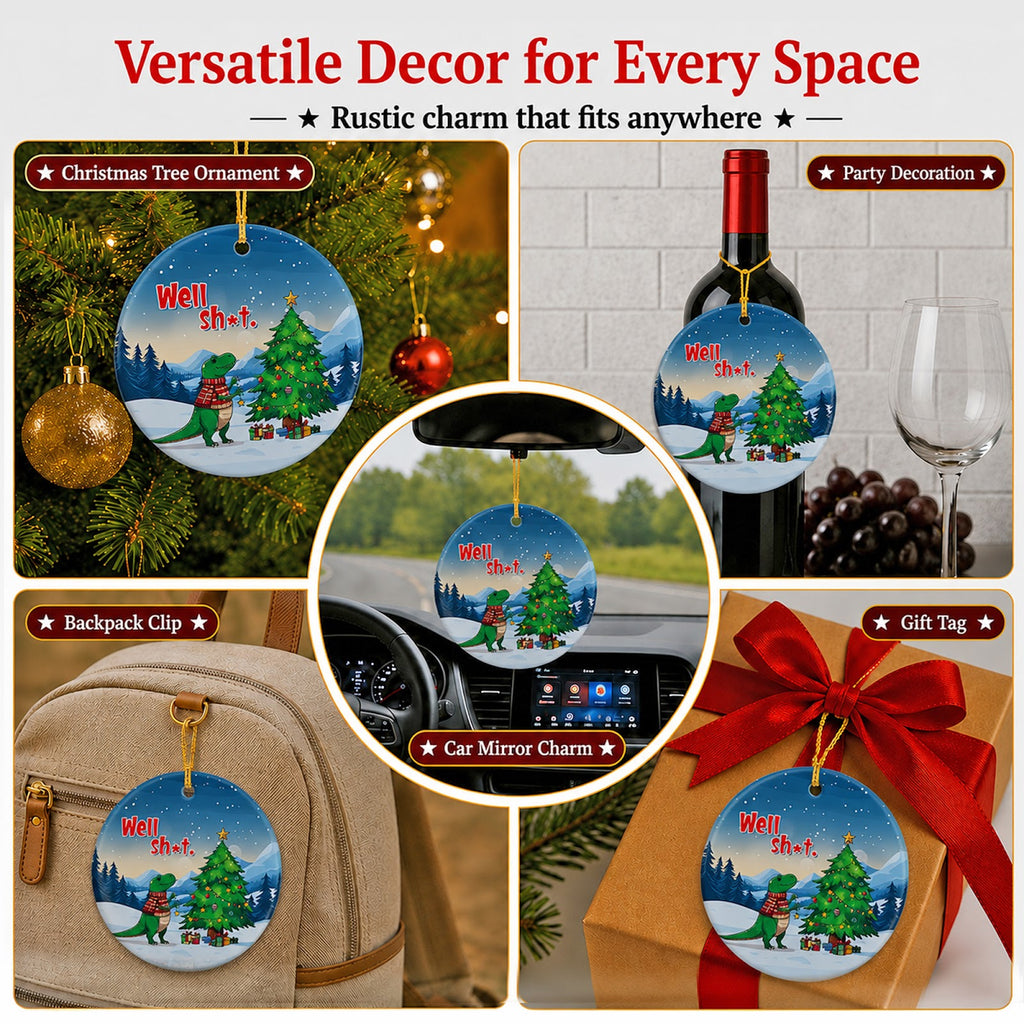 Dinosaur Christmas Ornament, Funny T Rex Novelty Humor Gift, Ceramic Hanging Tree Decoration