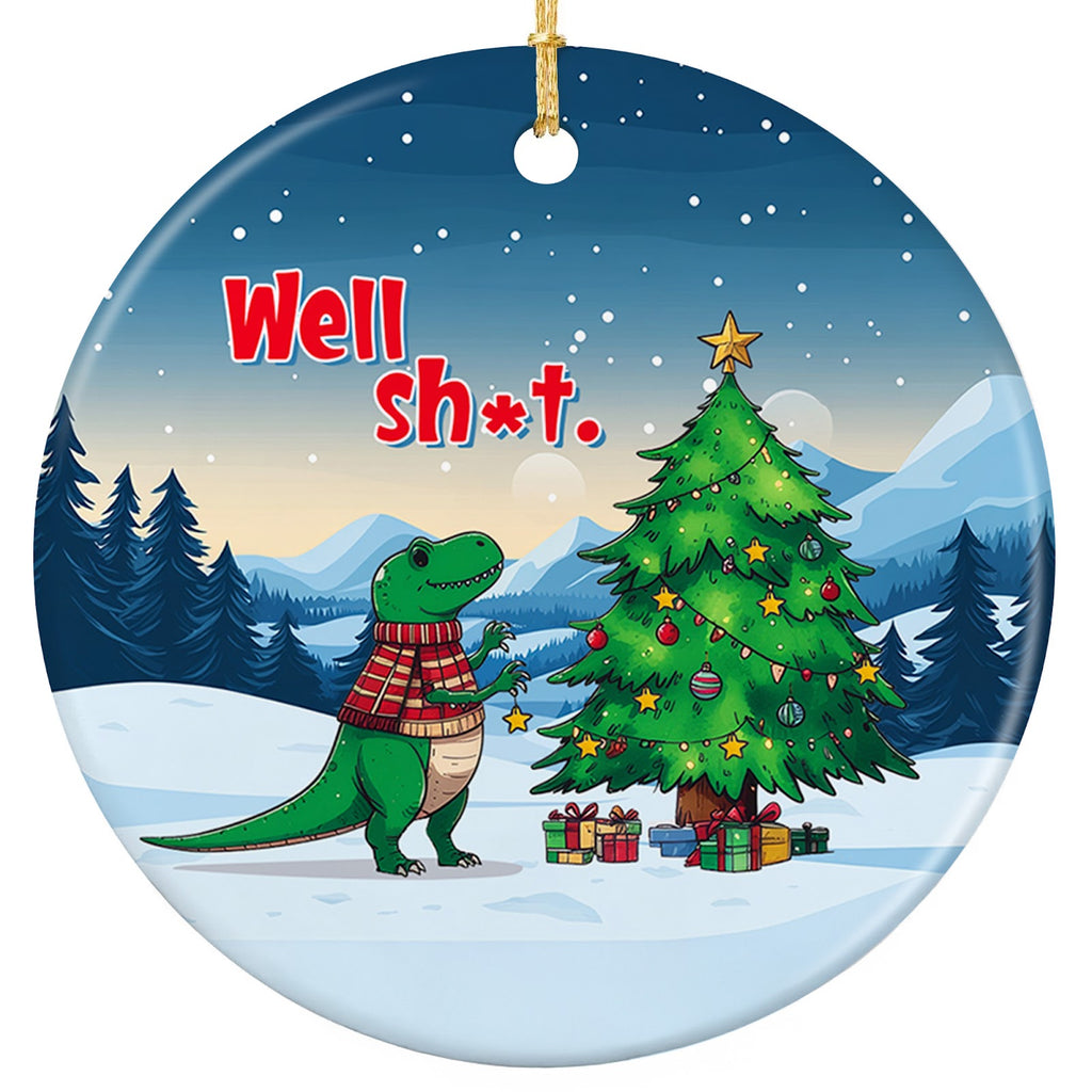 Green T Rex in a Plaid Scarf Reaching for the Star Atop a Decorated Tree. Ceramic Novelty Keepsake.