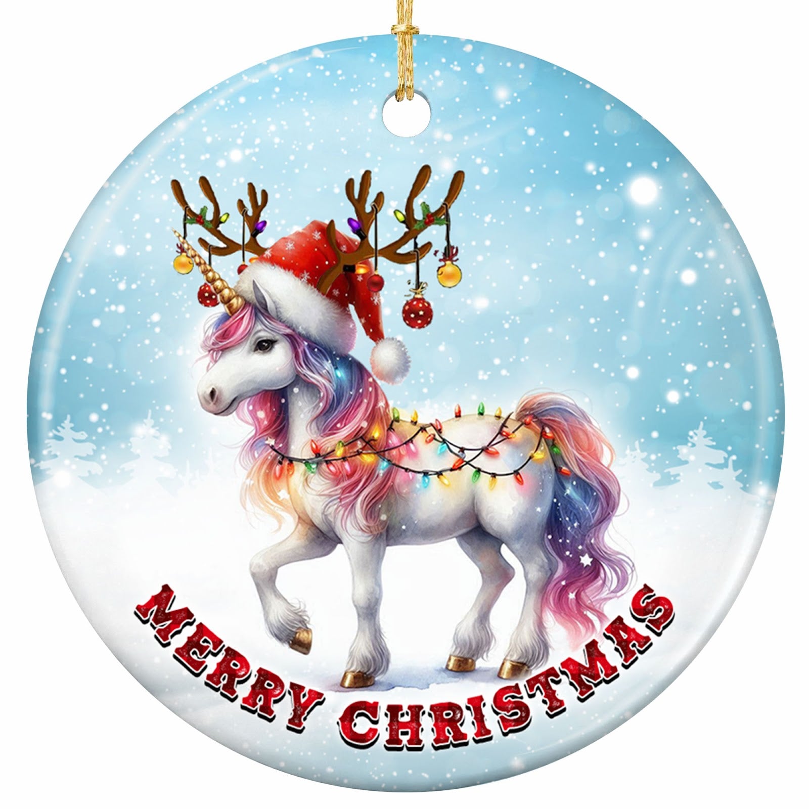 A White Unicorn With a Pastel Rainbow Mane, Gold Horn and Baubled Antlers. Ceramic Keepsake for Girls.