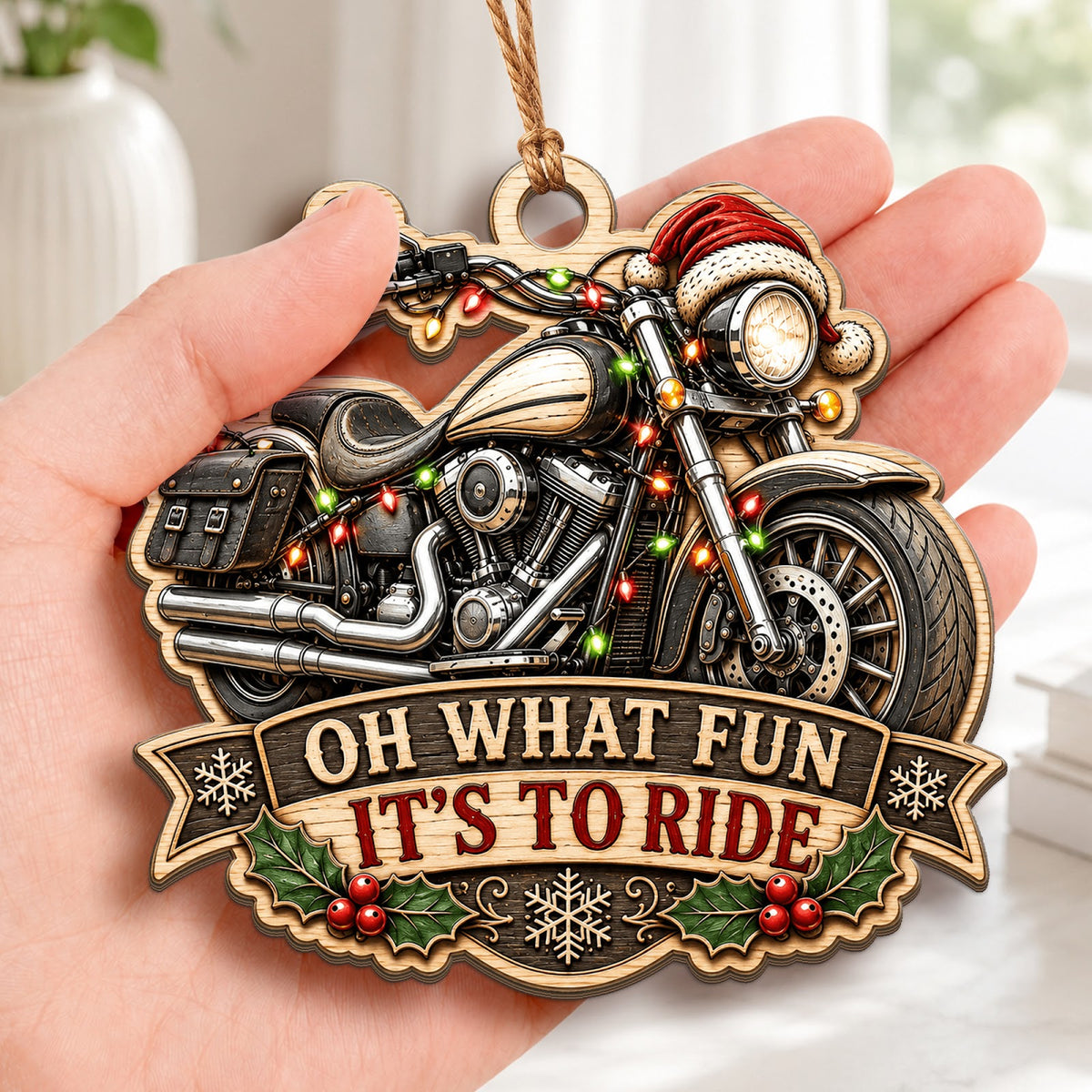 Motorcycle Biker Rider Christmas Ornament, Stocking Stuffer For Biker, Wood Tree Decoration