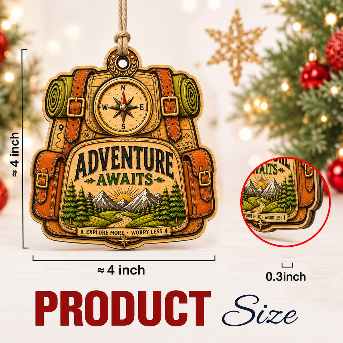 Adventure Awaits Explore Travel Christmas Ornament, Wanderlust Keepsake, Wood Tree Decoration