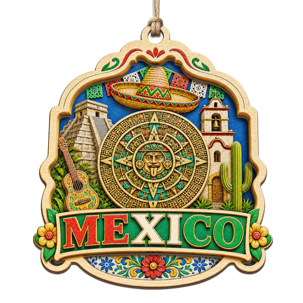 Mayan Pyramid With a Mariachi Figure, Eagle, Cactus and Folk Art Motifs. Wood Keepsake for Latin Culture.