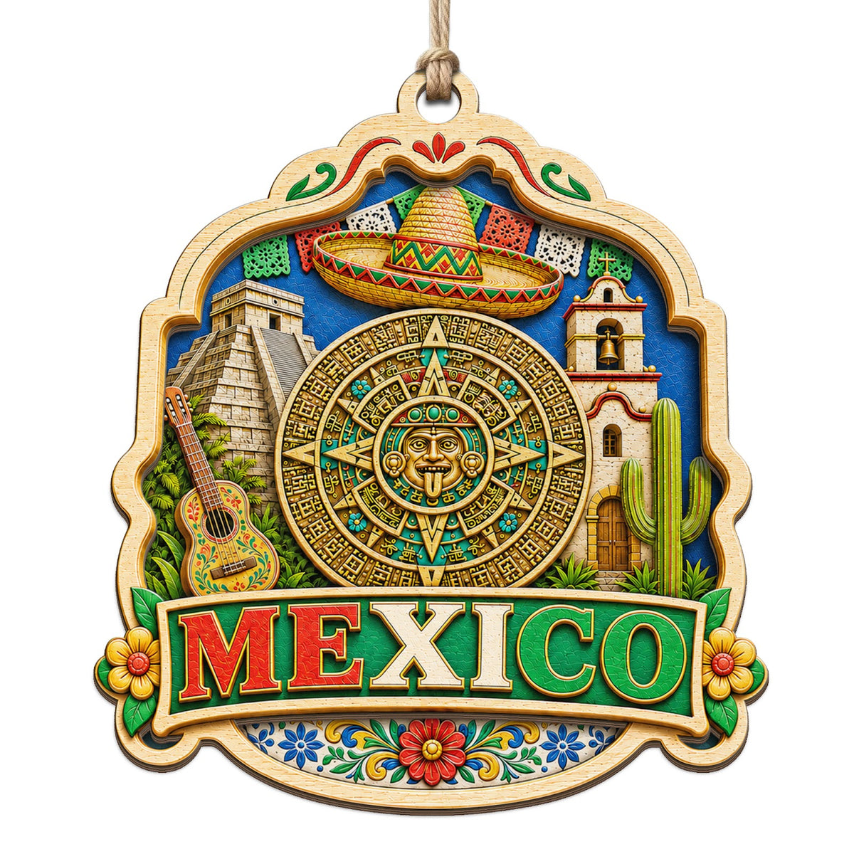 Mayan Pyramid With a Mariachi Figure, Eagle, Cactus and Folk Art Motifs. Wood Keepsake for Latin Culture.