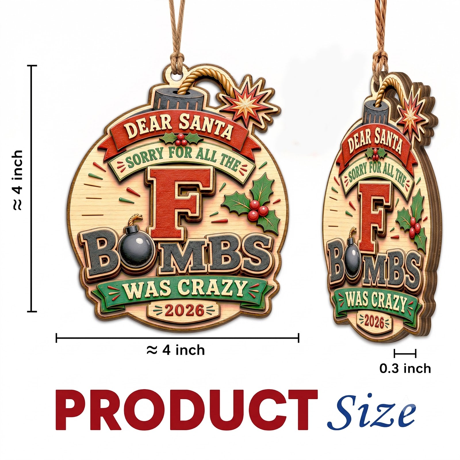 F Bomb Funny Humor Novelty Christmas Ornament, Edgy Profanity Keepsake, Wood Tree Decoration