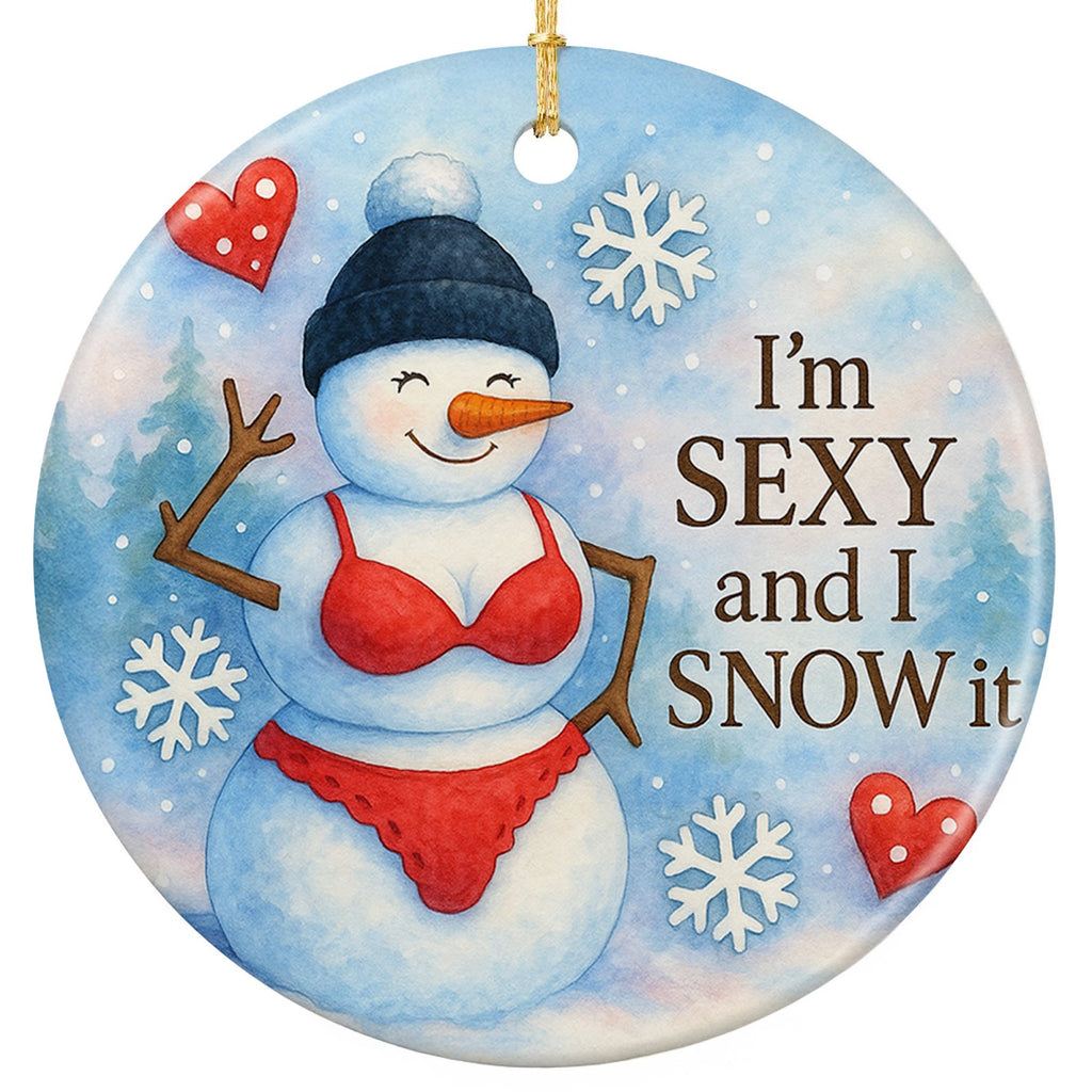 Snowman in a Knit Hat and Red Swimwear Waving Beside Pines and Hearts. Ceramic Novelty Keepsake for Adults.